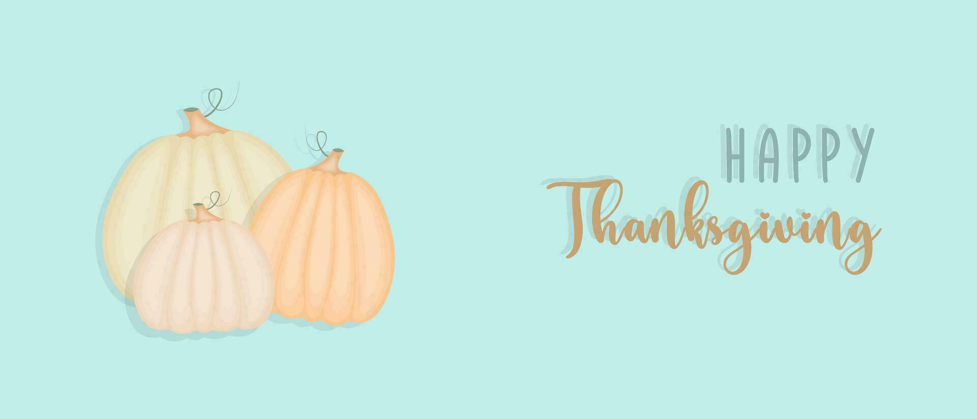 blå tacksägelse baner med pumpor och Lycklig tacksägelse text. vektor