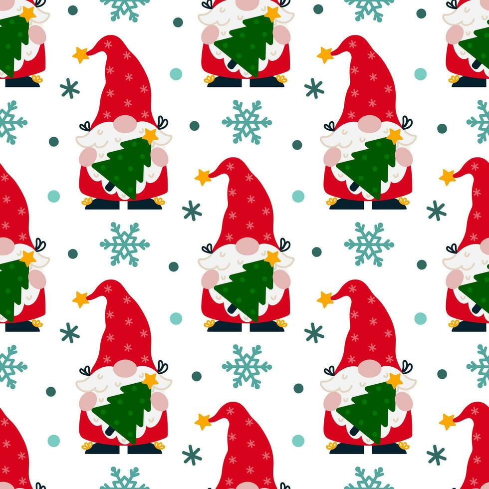 söt gnome med en jul träd sömlös vektor mönster. santa claus hjälpare i en strumpa keps med en stjärna, röd kostym. ny år älva med snöflingor. platt tecknad serie bakgrund för skriva ut, kort, posters