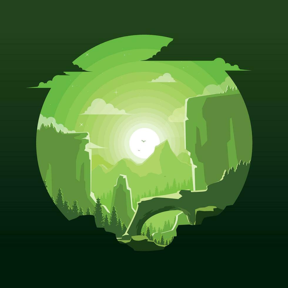 Grün Illustration von ein Berg Landschaft im ein Kreis Rahmen vektor