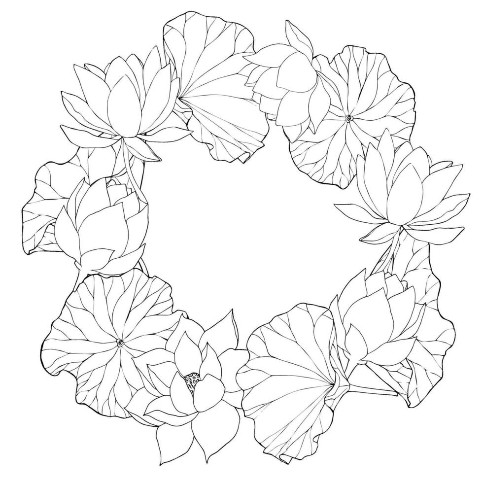 krans med vektor hand dragen lotus blommor och knoppar, löv, svart linje konst illustration. översikt blommig teckning för logotyp, tatuering, förpackning design, ram med Plats för text