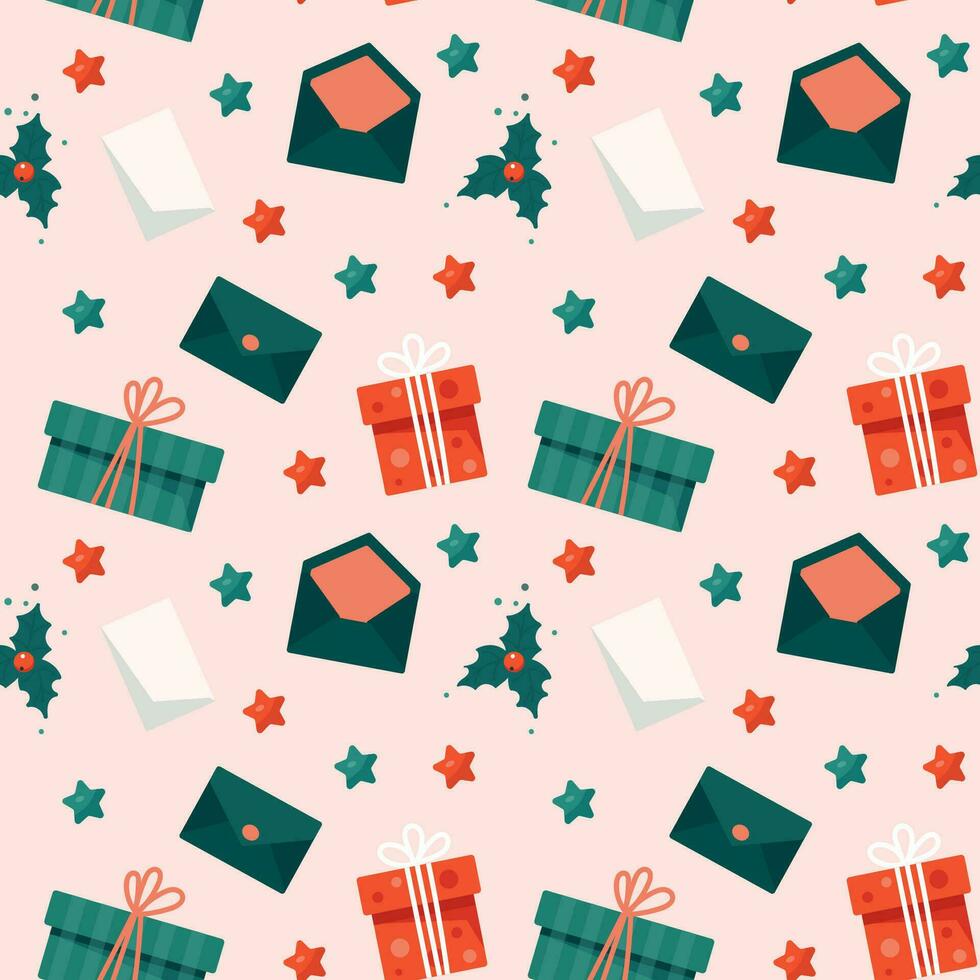 Weihnachten nahtlos Muster mit die Geschenke, Gruß Karte und Briefumschlag vektor
