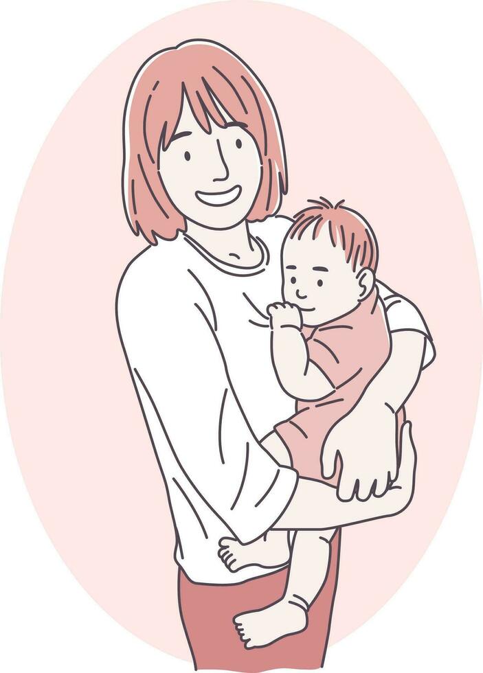 Mutter halten ihr Baby im ihr Waffen. Vektor Illustration im Karikatur Stil.