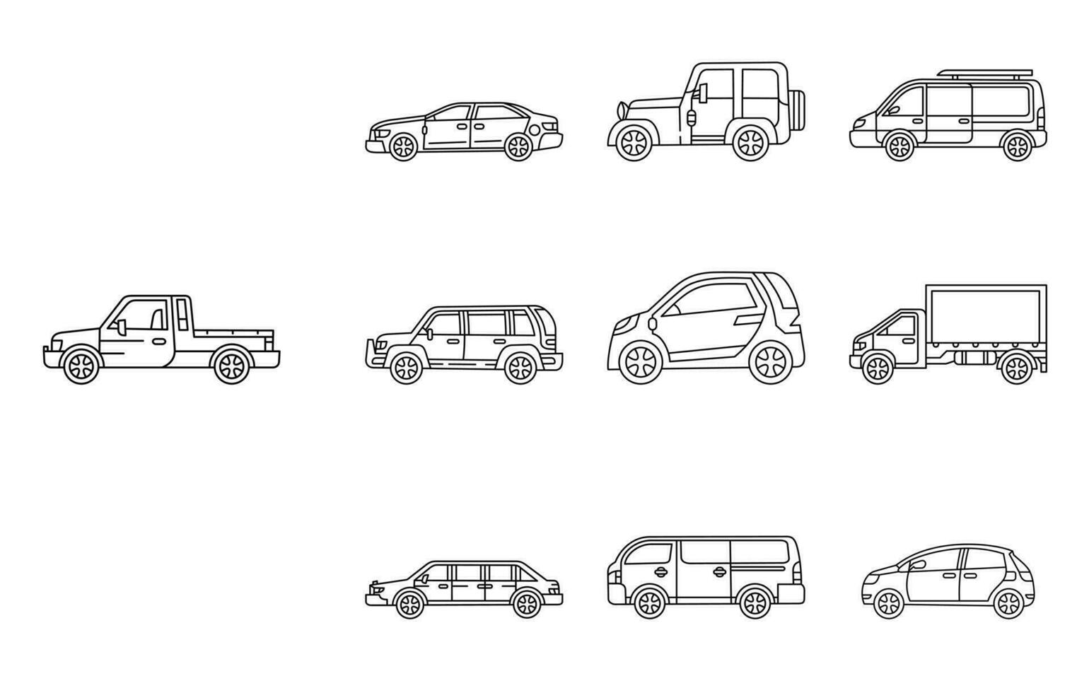 samling av bilar linje konst ikon vektor