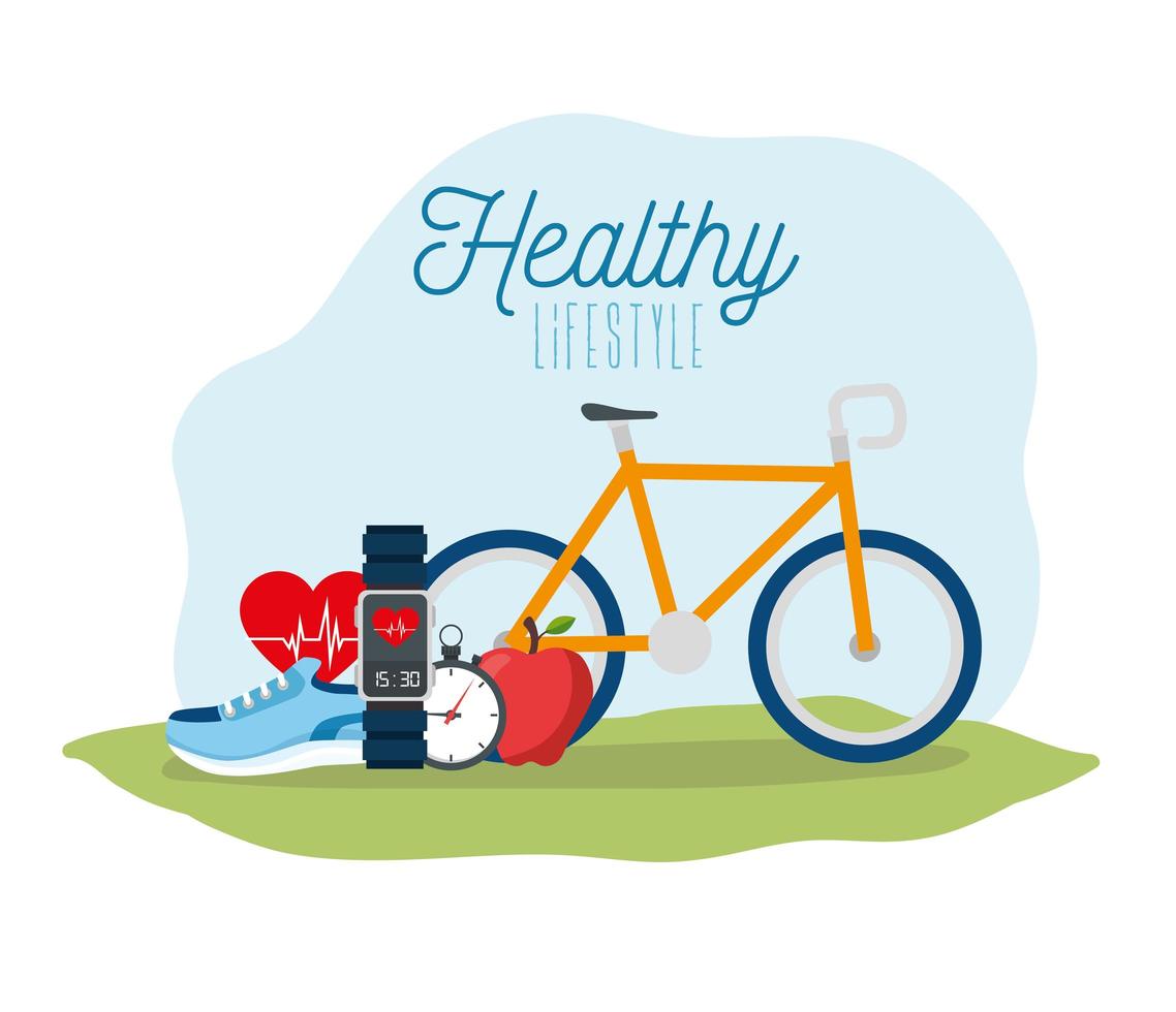 affisch hälsosam livsstil med cykel och ikoner vektor