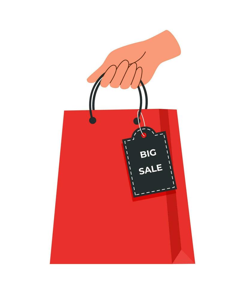 rot Einkaufen Tasche mit Etikette im das Hand auf Weiß Hintergrund. schwarz Freitag und Verkauf Konzept. vektor