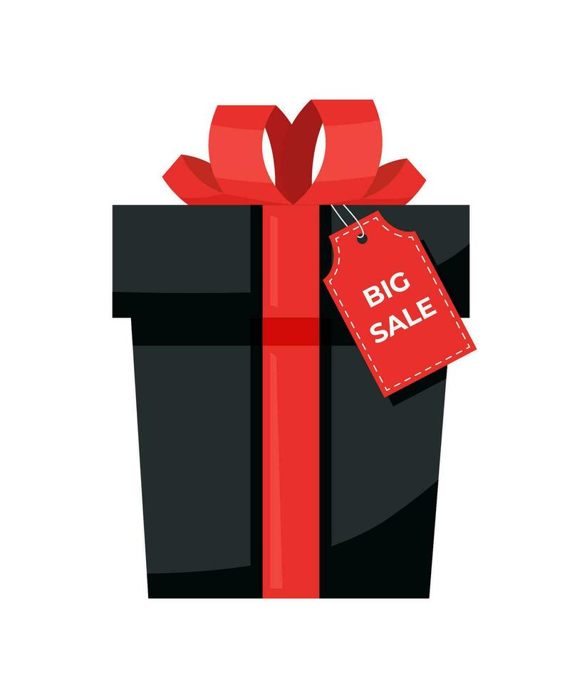 schwarz Geschenk Box mit rot Etikette auf Weiß Hintergrund. schwarz Freitag Konzept. Verkauf Konzept. Einkaufen Konzept. vektor