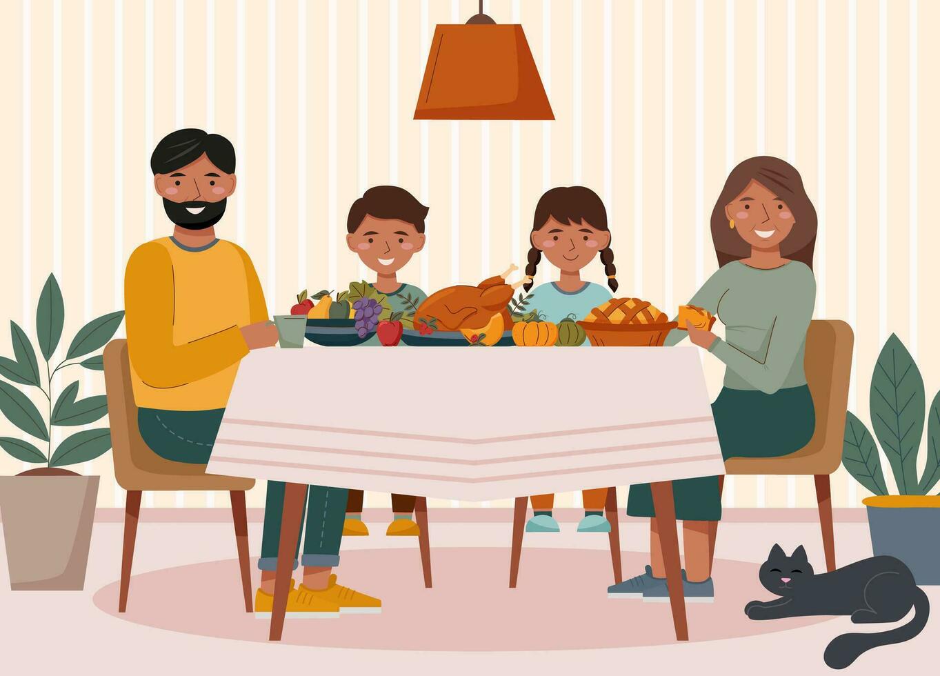 Familie zusammen beim das Tabelle mit Lebensmittel. das Erntedankfest Konzept. vektor