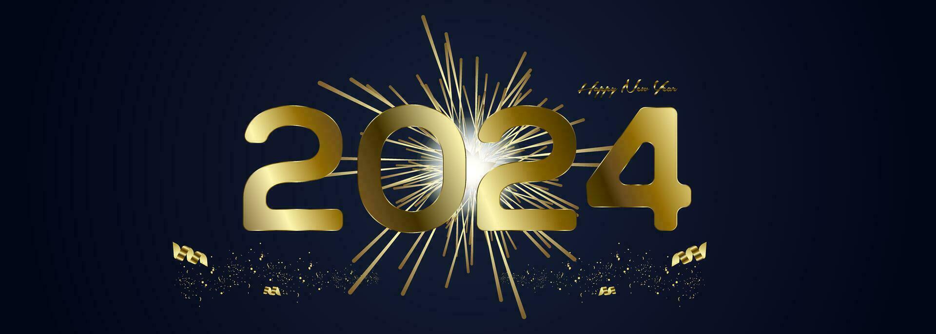 ein Neu Jahr 2024 Feierlichkeiten Banner mit Gold Schöne Grüße Poster isoliert Über schwarz Hintergrund vektor