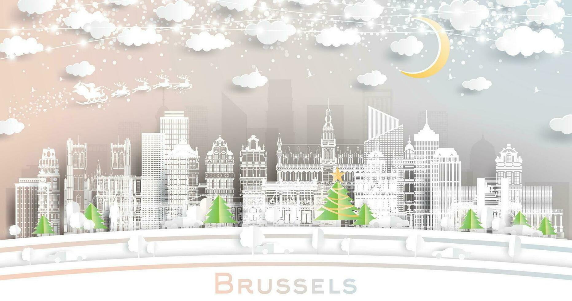 Brüssel Belgien. Winter Stadt Horizont im Papier Schnitt Stil mit Schneeflocken, Mond und Neon- Girlande. Weihnachten und Neu Jahr Konzept. Brüssel Stadtbild mit Sehenswürdigkeiten. vektor