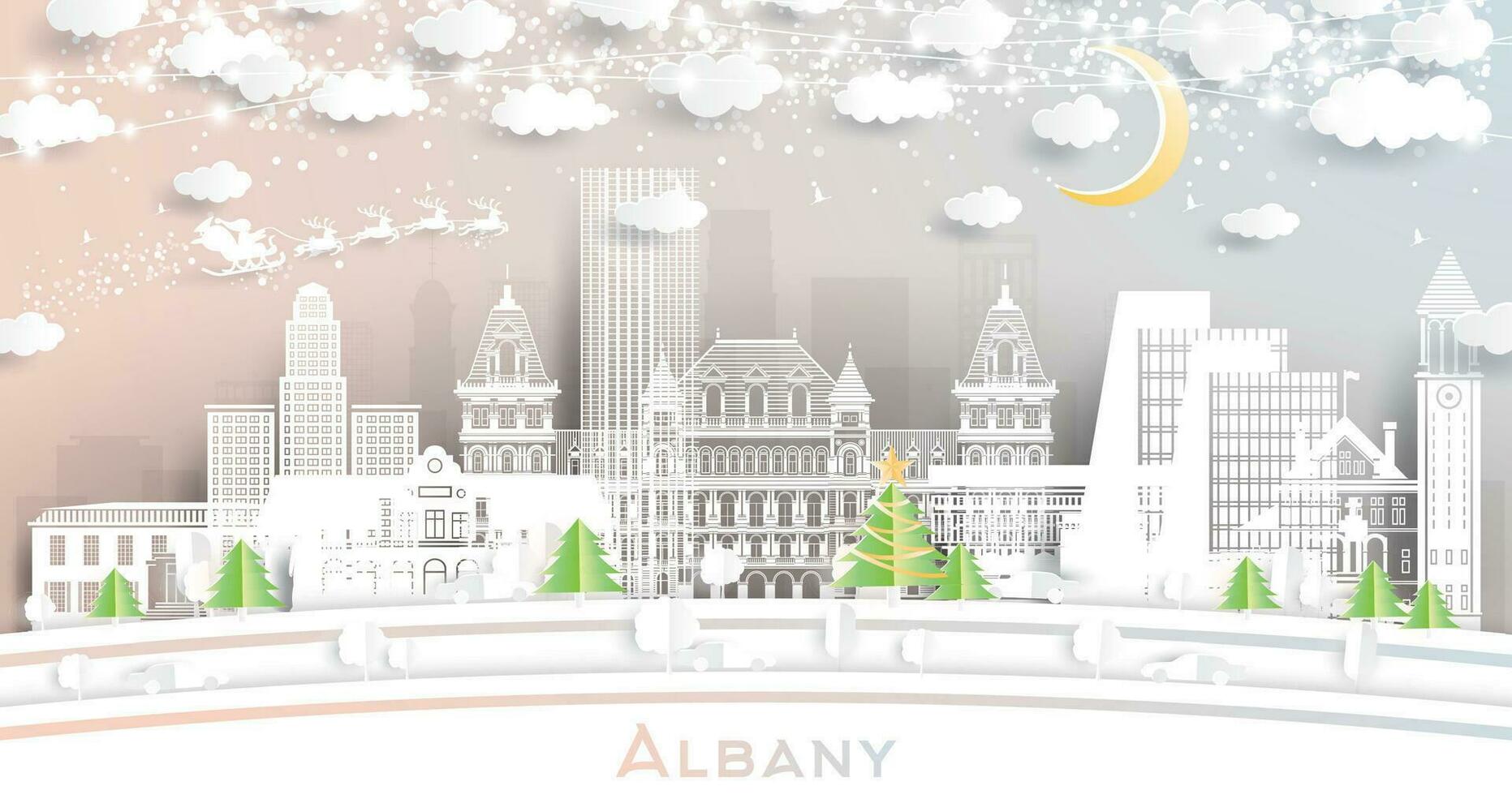 albany ny york. vinter- stad horisont i papper skära stil med snöflingor, måne och neon krans. jul och ny år begrepp. albany stadsbild med landmärken. vektor