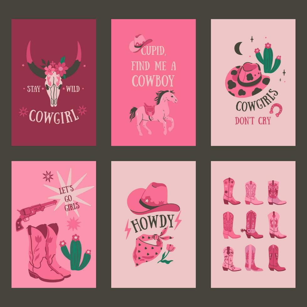 en uppsättning av kort eller posters i rosa färger i de cowgirl stil. vektor grafik.
