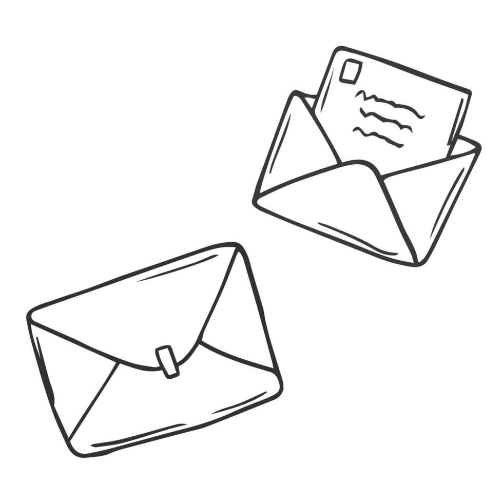 Mail Briefumschlag im Gekritzel. Botschaft Symbol im skizzieren. Email unterzeichnen. Hand gezeichnet Briefumschlag Satz. transparent Mail Sammlung. Vektor eps 10