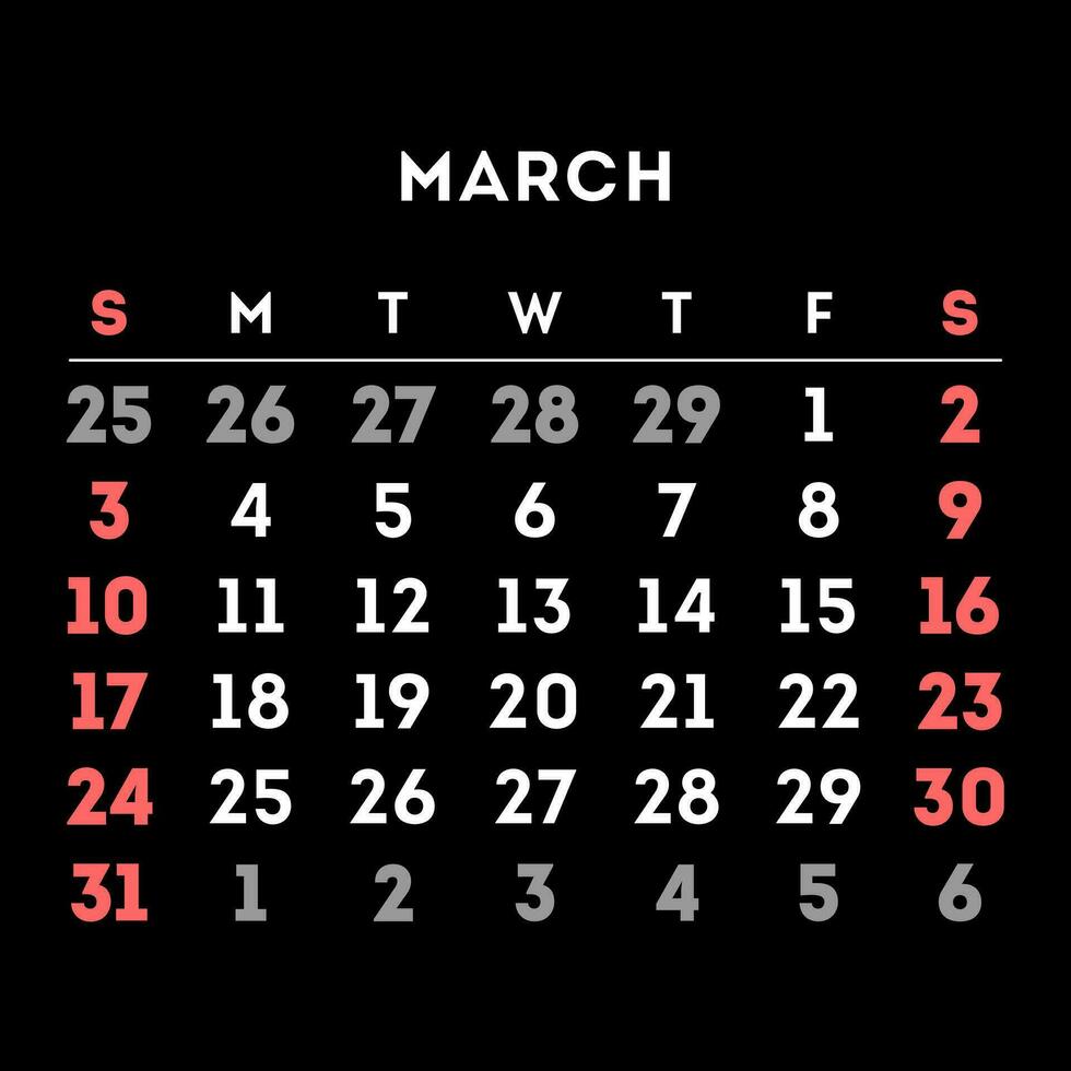 März 2024 Monat Kalender. Vektor Illustration.
