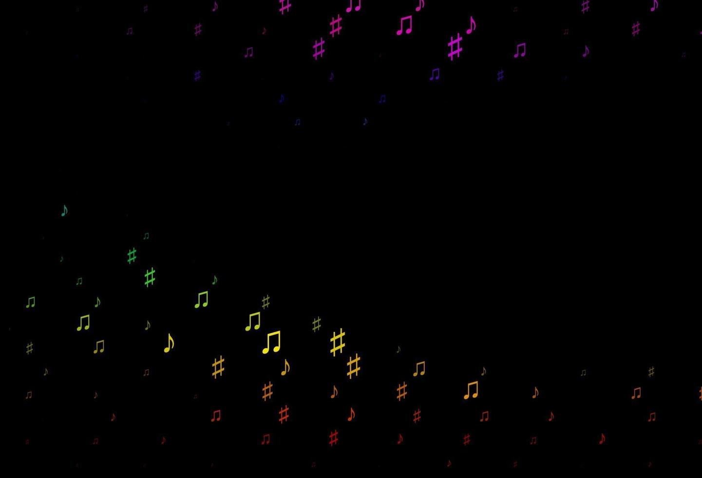 dunkle mehrfarbige, regenbogenfarbene Vektortextur mit Musiknoten. vektor