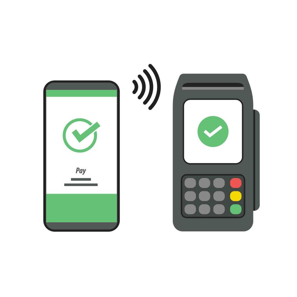 nfc kontaktlos Zahlung Transfer Technologie Kasse registrieren und Smartphone Vektor Design