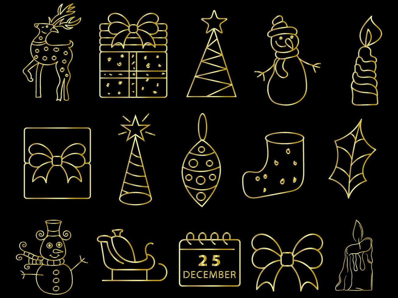 golden Weihnachten Ornamente einstellen mit Bälle, Schneeflocken, Hüte, Stern, Weihnachten Baum, orange, Socke, Geschenk, trinken und Girlanden. vektor