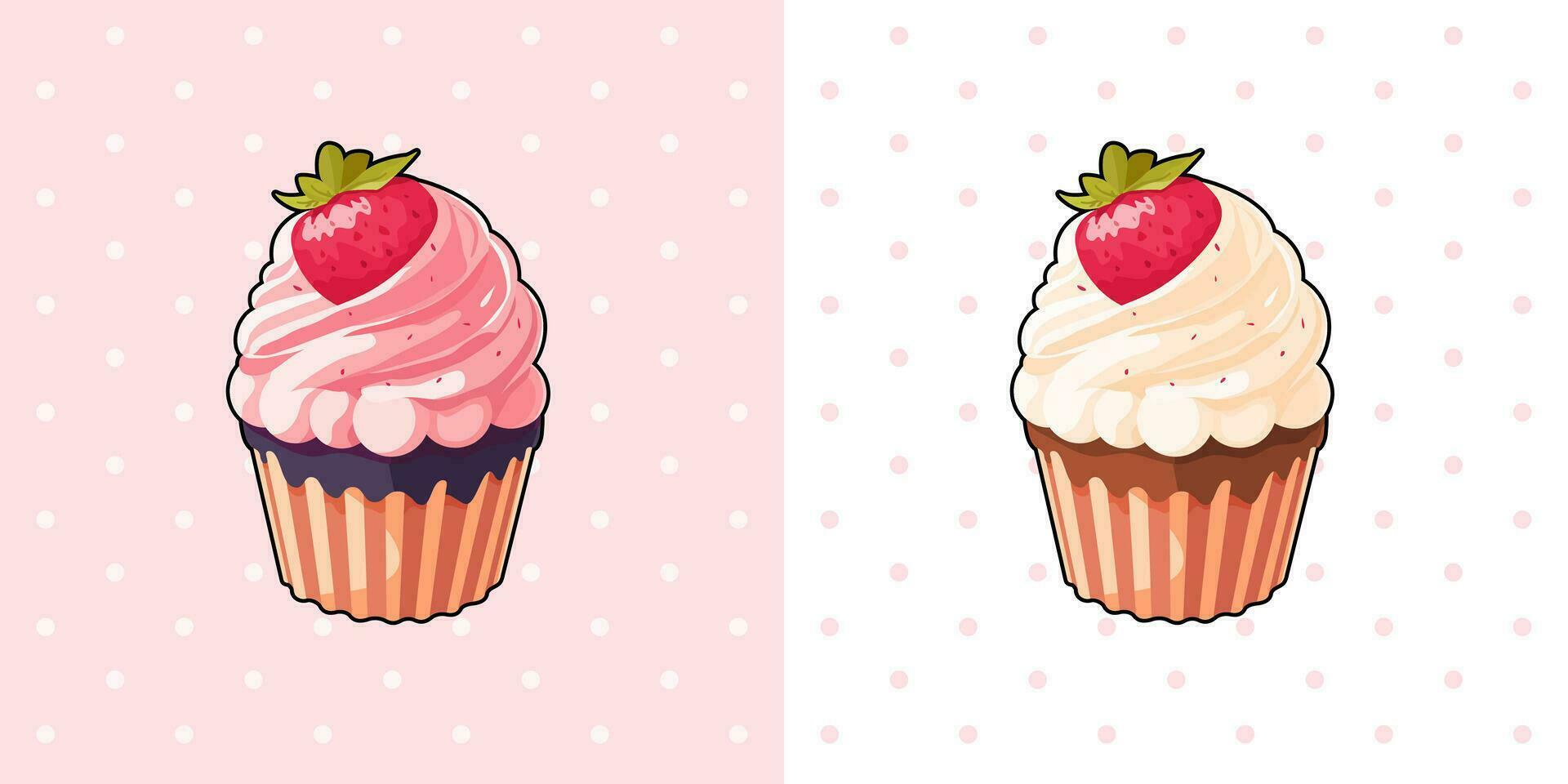 Erdbeere Cupcakes, Vanille Auspeitschen Creme, Süss Bäckerei Produkte, Muffin, Bäckerei Wüste. Vektor Illustration Karikatur kawaii Design