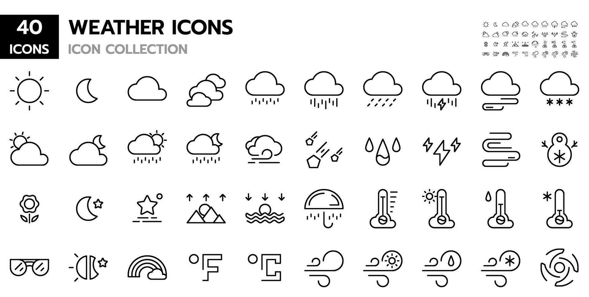 uppsättning väder ikoner, samling väder packa, söt klar linje översikt tunn linje stroke, väder ikon uppsättning för en hemsida eller mobil app ui, Sol måne moln regn snö vind dimmig, vektor illustration.