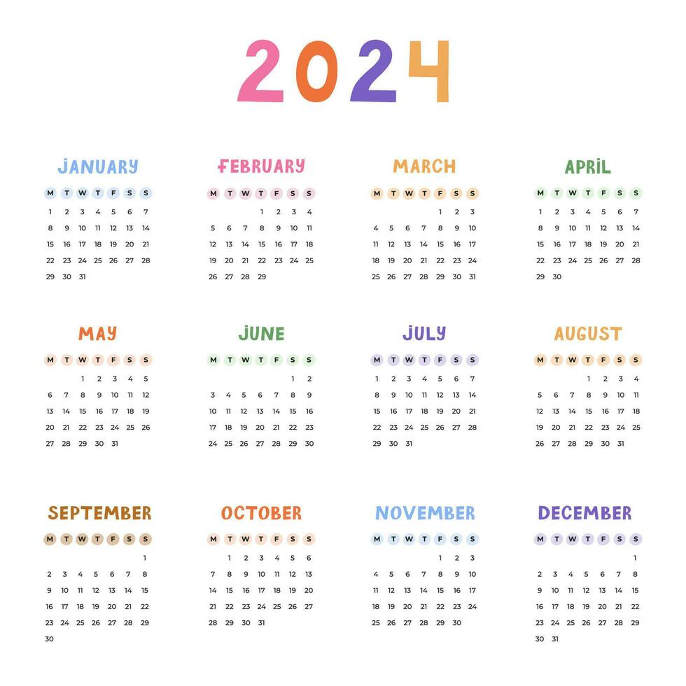 süß minimal Kalender Vorlage zum 2024 Jahr mit Wochen beginnt auf Montag. Kalender Gitter mit funky Schriftart zum Kinder Kindergarten, korporativ Büro, Schreibwaren. Vertikale monatlich Kalander Layout zum Planung vektor