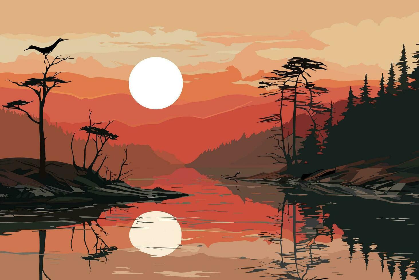 eben Design Sonnenuntergang Landschaft mit Orange Himmel Hintergrund vektor
