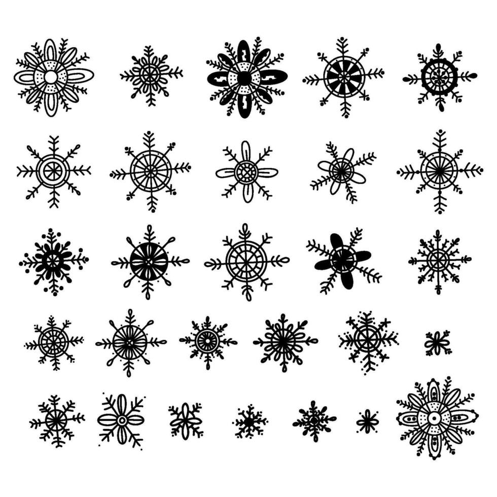 samling av snöflingor. hand dragen klotter. vektor illustration. isolerat vinter- väder element för Semester design och dekor.
