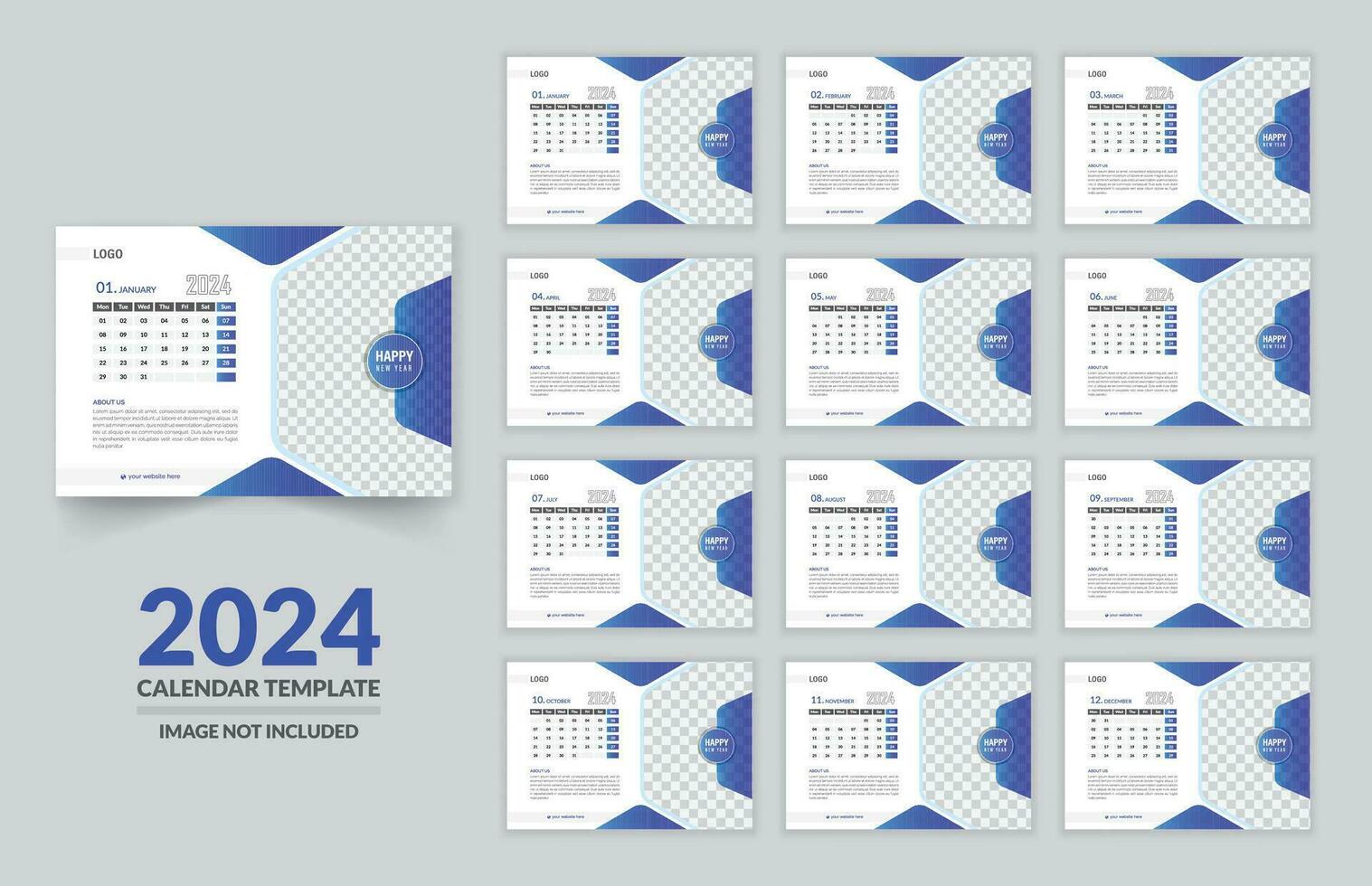 2024 Schreibtisch Kalender Vorlage Design zum modern korporativ Geschäft, 12 Monate inbegriffen Vektor und editierbar.