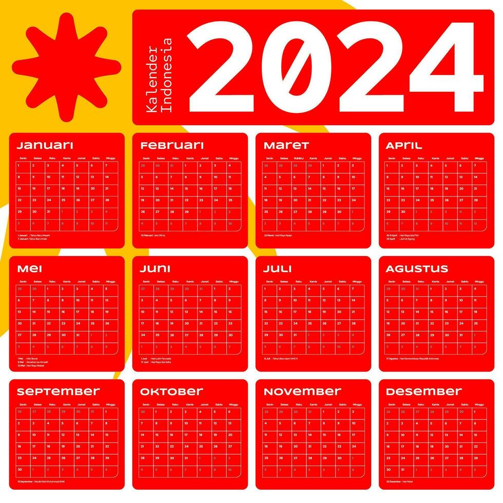 indonesisch Kalender 2024 Vorlage Vektor, einfach minimal Design, Planer 2024 Jahr, kalender Indonesien 2024 Jahr, Woche beginnt Sonntag, einstellen von 12 Monat vektor