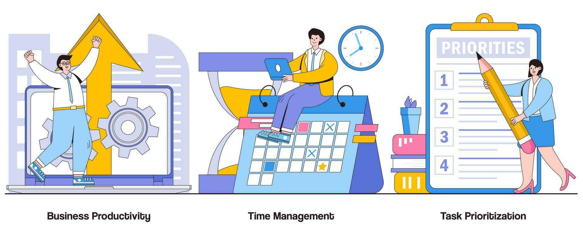 företag produktivitet, tid förvaltning, uppgift prioritering begrepp med karaktär. produktivitet optimering abstrakt vektor illustration uppsättning. effektivitet hackar, arbetsflöde förvaltning liknelse