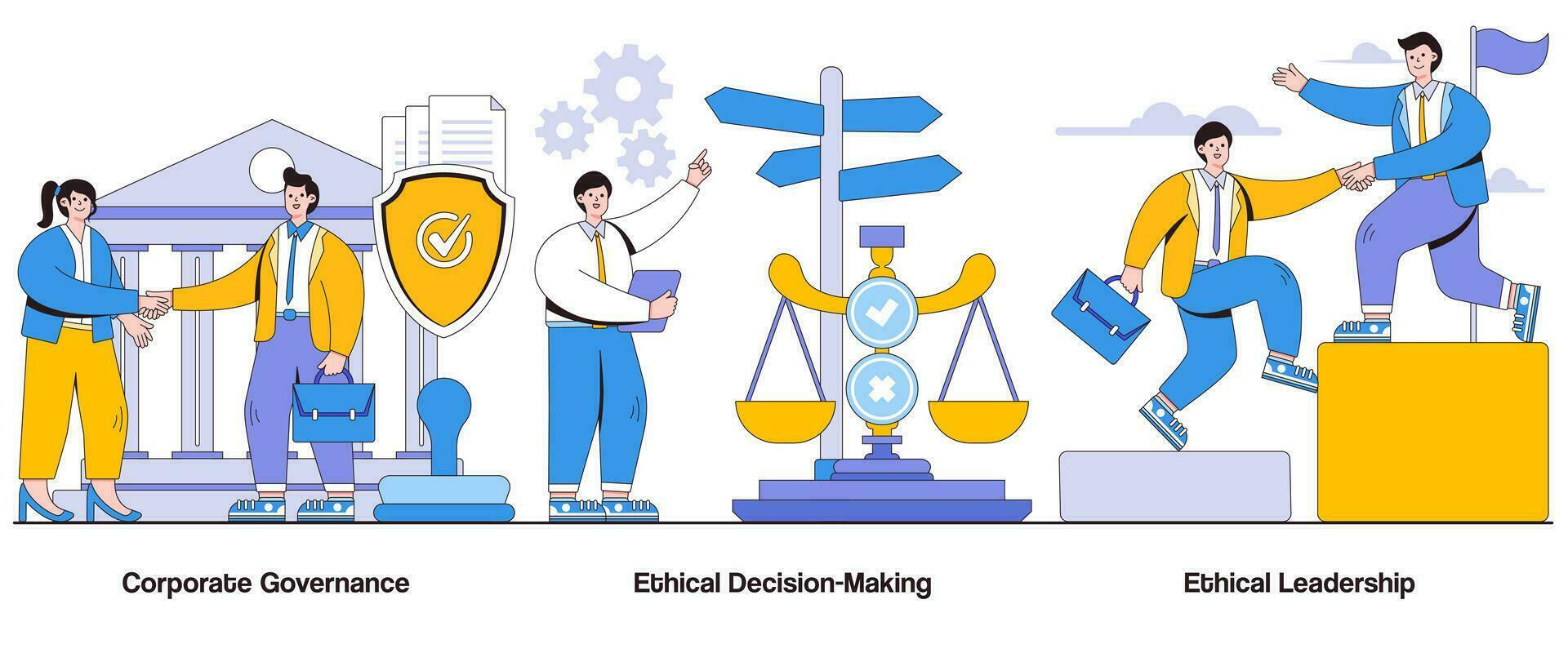 företags- styrning, etisk beslutsfattande, etisk ledarskap begrepp med karaktär. företags- ansvar abstrakt vektor illustration uppsättning. genomskinlighet, styrelse tillsyn, ansvarighet