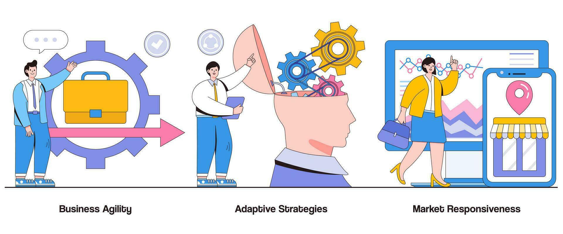 Geschäft Beweglichkeit, adaptiv Strategien, Markt Empfänglichkeit Konzept mit Charakter. agil Geschäft abstrakt Vektor Illustration Satz. Flexibilität, schnell Entscheidungsfindung, Markt Anpassung Metapher