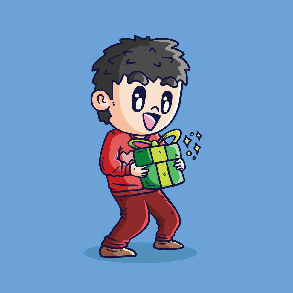 Vektor Illustration Karikatur von Kind halten Weihnachten Geschenk Boxen. ein Junge halten Geschenk Kasten. fröhlich Weihnachten und glücklich Neu Jahr Vektor Illustration