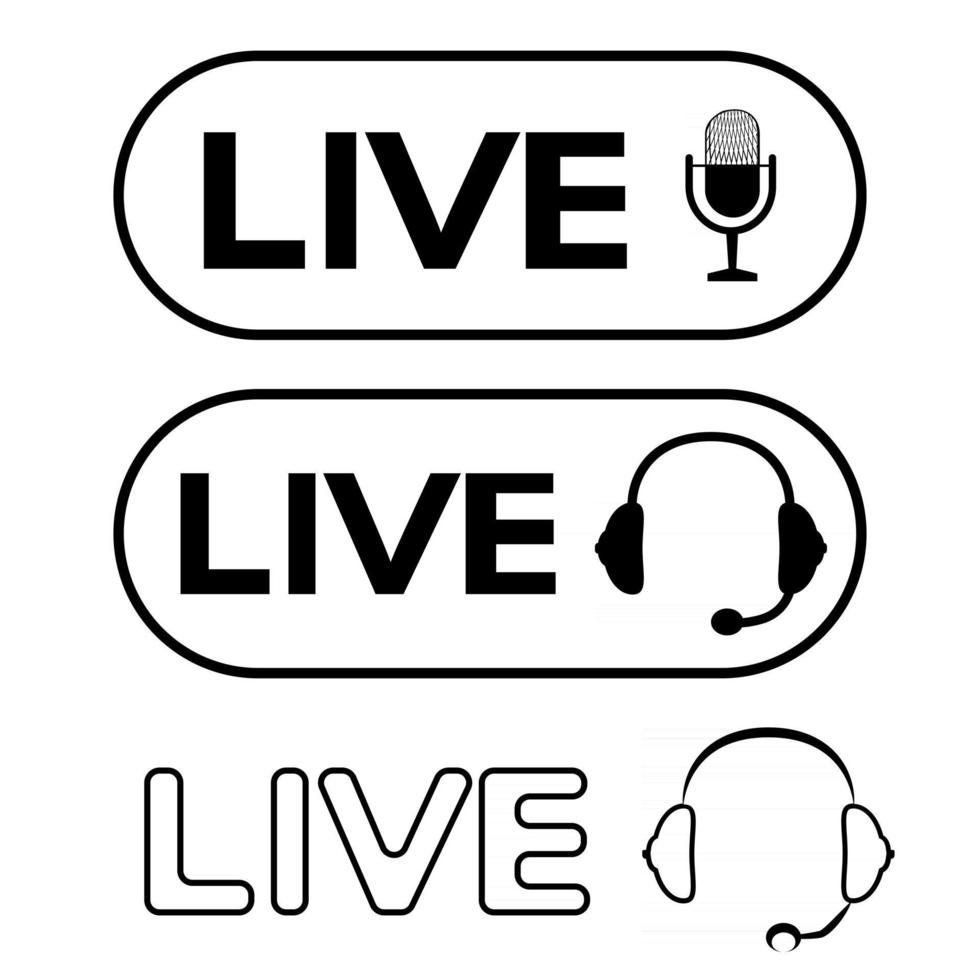 Live-Übertragungssymbole. schwarze Umrisssymbole und Schaltflächen für Live-Streaming, Rundfunk. Vektor