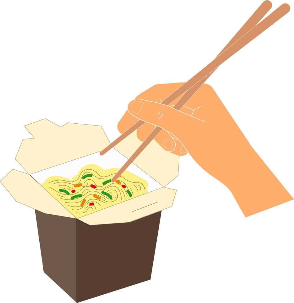 Wok-Nudeln in brauner Schachtel und Hand mit chinesischen Essstäbchen vektor