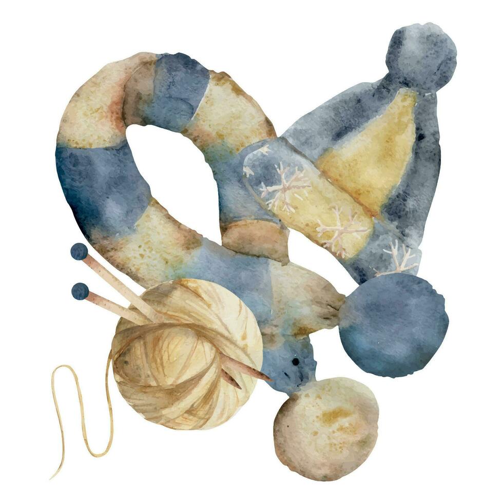 hand dragen vattenfärg illustration. ull- blå indigo beige stickat scarf och hatt med pompoms, boll av garn med nålar. sammansättning isolerat på vit bakgrund. för affär, logotyp, skriva ut, papper, kort vektor