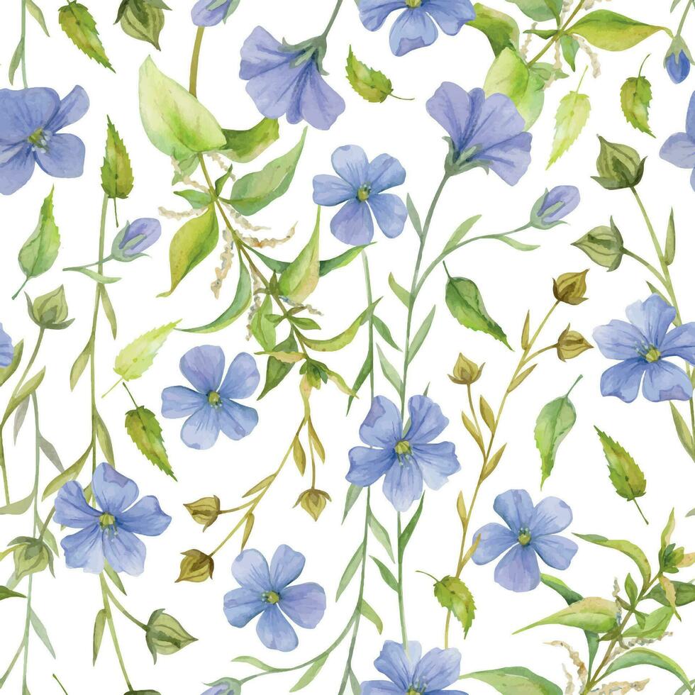 Hand gezeichnet Aquarell Flachs Leinen- Blau Blumen, Nessel Grün Stengel Blätter natürlich Pflanze. botanisch Illustration isoliert nahtlos Muster auf Weiß Hintergrund. Geschäft Logo drucken, Webseite, Karte, Broschüre. vektor