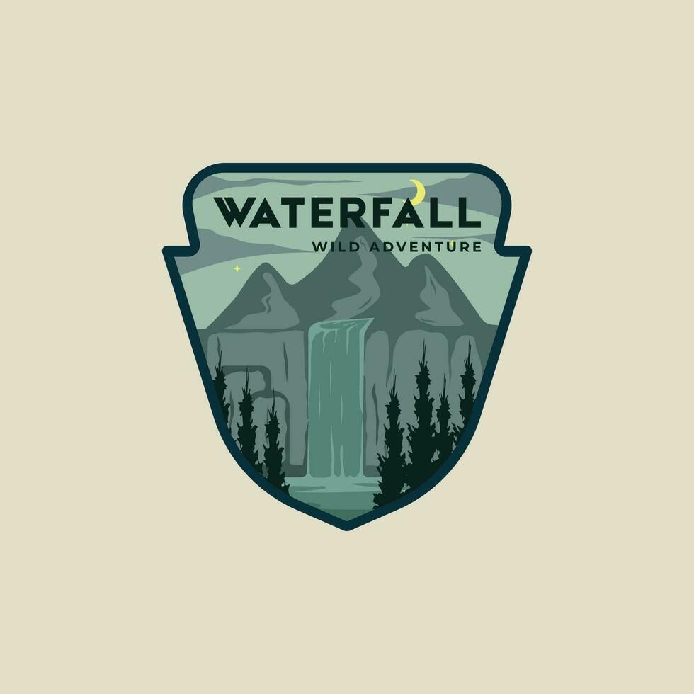 vattenfall på bergen emblem vektor illustration mall grafisk design. skön anlagd baner och tecken bricka märka för resa och turism företag begrepp