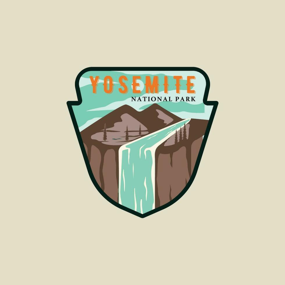 yosemite nationell parkera emblem vektor illustration mall grafisk design. vattenfall i natur med berg anlagd baner och tecken bricka märka för resa och turism företag begrepp