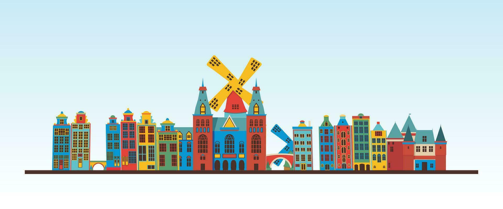 Niederlande Amsterdam Stadt detailliert Horizont und Wahrzeichen, Europa berühmt Reise Platz bunt Gebäude und Monument Digital Vektor Abbildungen