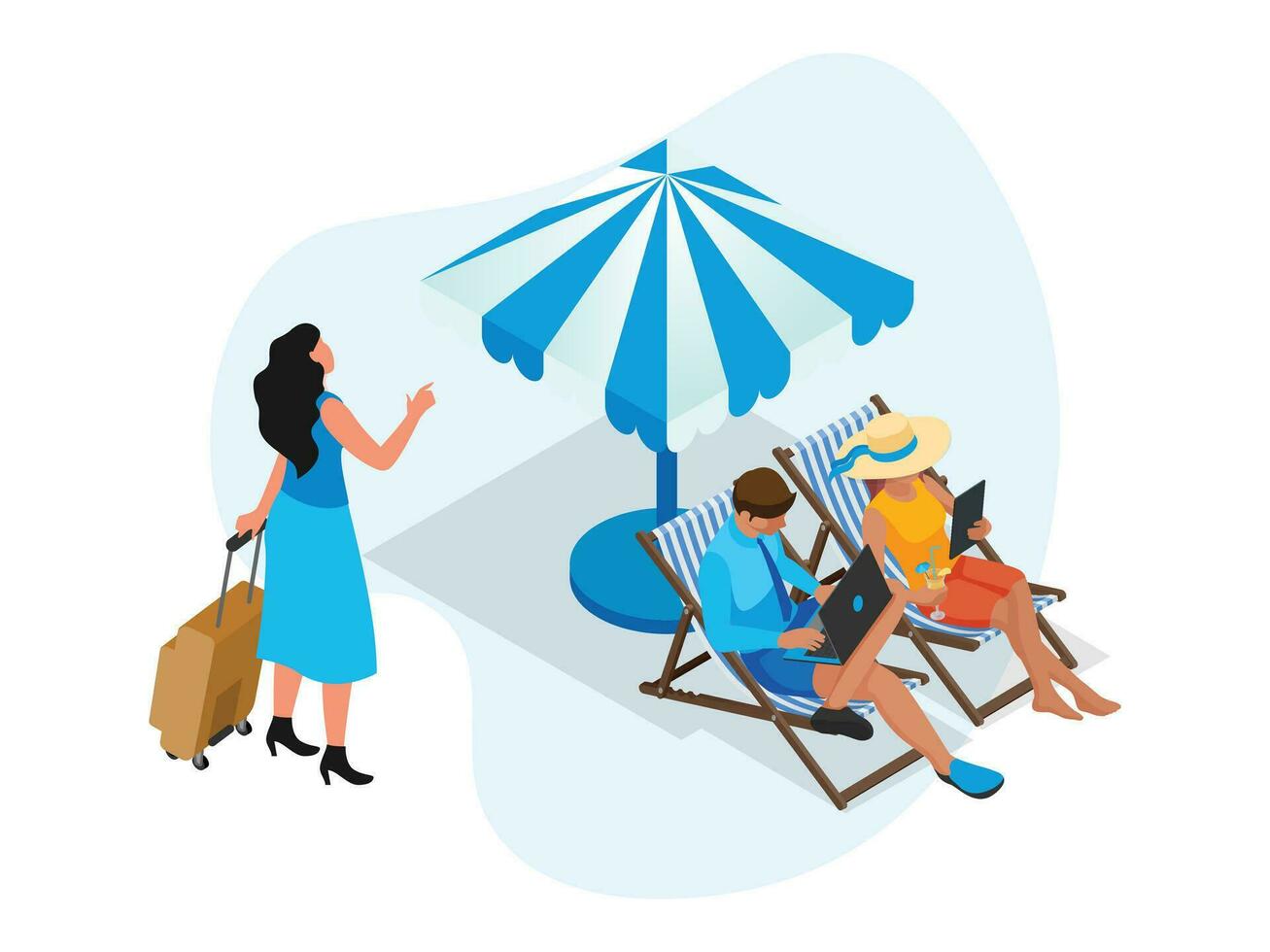 isometrisch Sommer- Ferien Konzept Vektor Illustration. Mann und Frau mit Gepäck Sitzung im Strand Stuhl mit Regenschirm und Laptop.