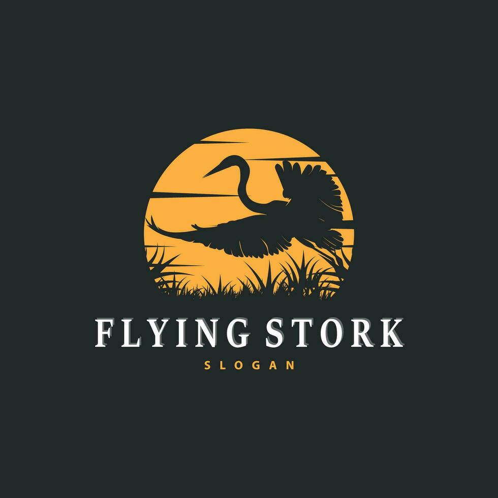 Storch Vogel Logo, Reiher, Gras, und Fluss Design, Vektor einfach Vorlage Illustration