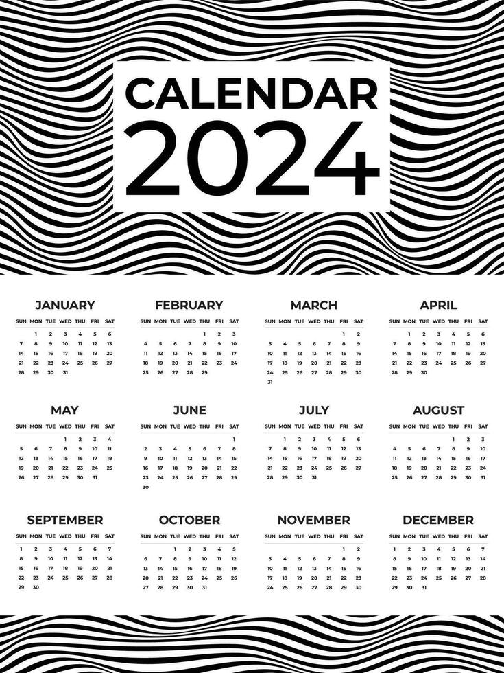 svart och vit 2024 kalender design med vågig rader mönster vektor