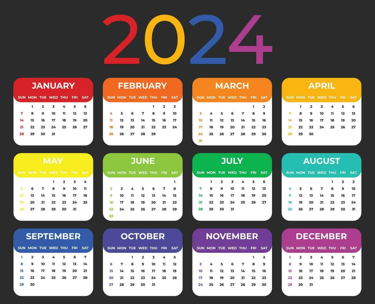 färgrik 2024 kalender mall på svart bakgrund vektor