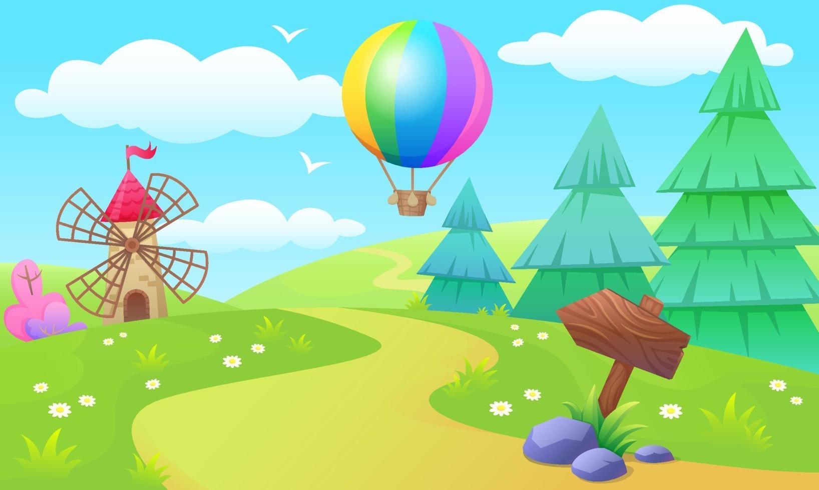 eine Lichtung mit Weg zur Mühle, ein Heißluftballon am Himmel vektor