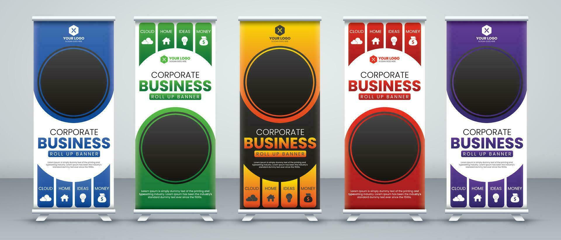 Geschäft rollen oben Banner einstellen mit drucken bereit Farben zum Veranstaltungen, Werbeaktionen, Treffen vektor
