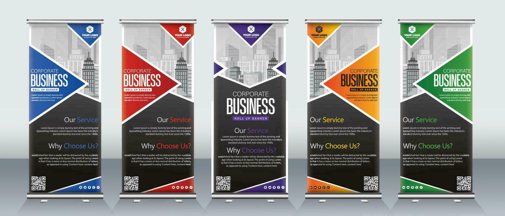 rollen oben Banner Design zum minimal Stil zum Geschäft Veranstaltungen, Präsentationen, Werbeaktionen, Marketing mit Rot, Grün, Blau, lila vektor