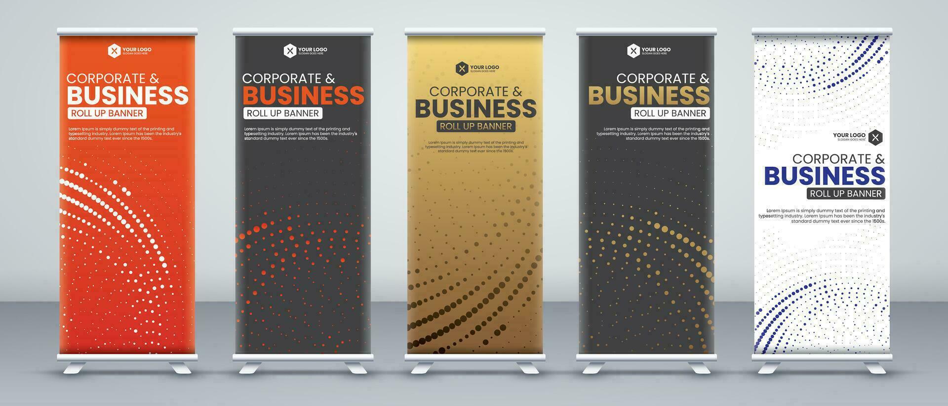 korporativ Geschäft Konferenz rollen oben Banner Designs zum x Stand mit Luxus und Auge eingängig orange, Schwarz, Gold und Weiß Farben mit modern abstrakt Formen vektor