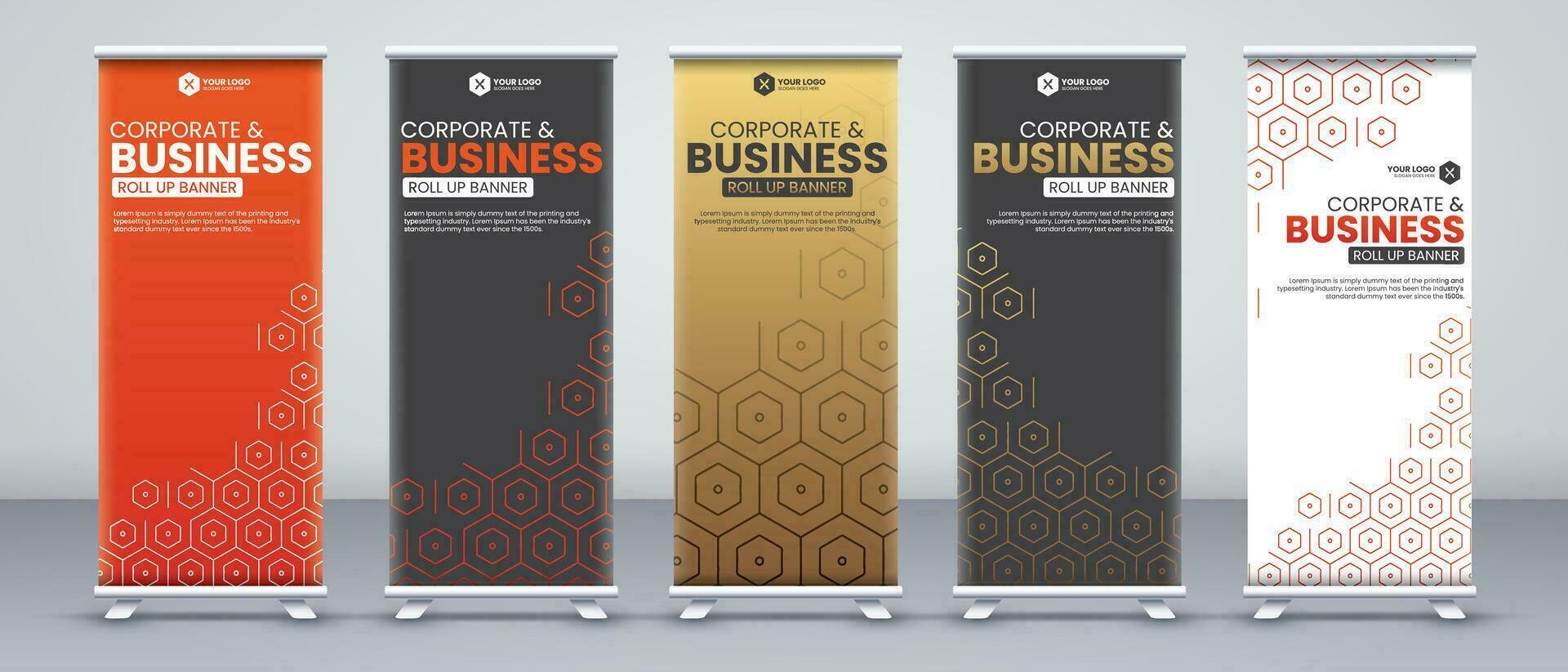 korporativ Geschäft Konferenz rollen oben Banner Designs zum x Stand mit Luxus und Auge eingängig orange, Schwarz, Gold und Weiß Farben mit modern abstrakt Formen vektor