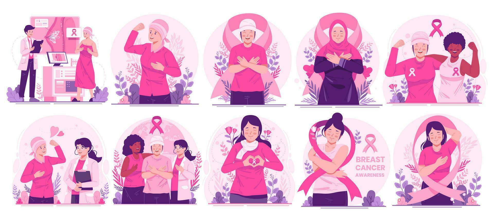 mega illustration uppsättning av bröst cancer medvetenhet månad. kvinnor med band rosa som en oro och Stöd för kvinnor med bröst cancer vektor