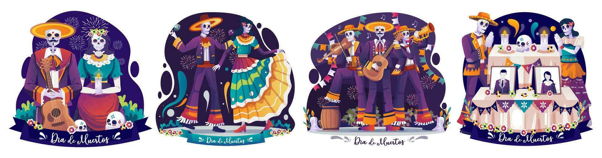 einstellen von Tag von tot, dia de los Muertos Konzept Illustration mit Menschen im Kostüme Mariachi Musiker Skelett, und catrina Calavera feiert Mexikaner Urlaub Tag von tot, dia de los Muertos vektor