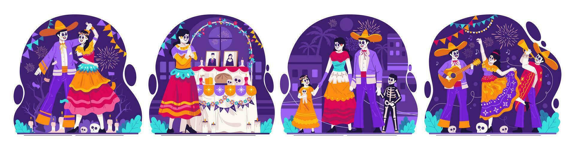 Illustration einstellen von Mexikaner Tag von das tot, dia de los Muertos. catrina Tanzen und Mariachi Musiker. Familie im traditionell Mexikaner Kostüme vektor